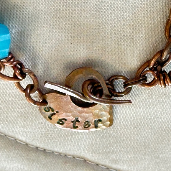 2/$15 Copper Blue & Brown stone/beaded “Sister” bracelet. Heart toggle clasp. - Picture 13 of 16